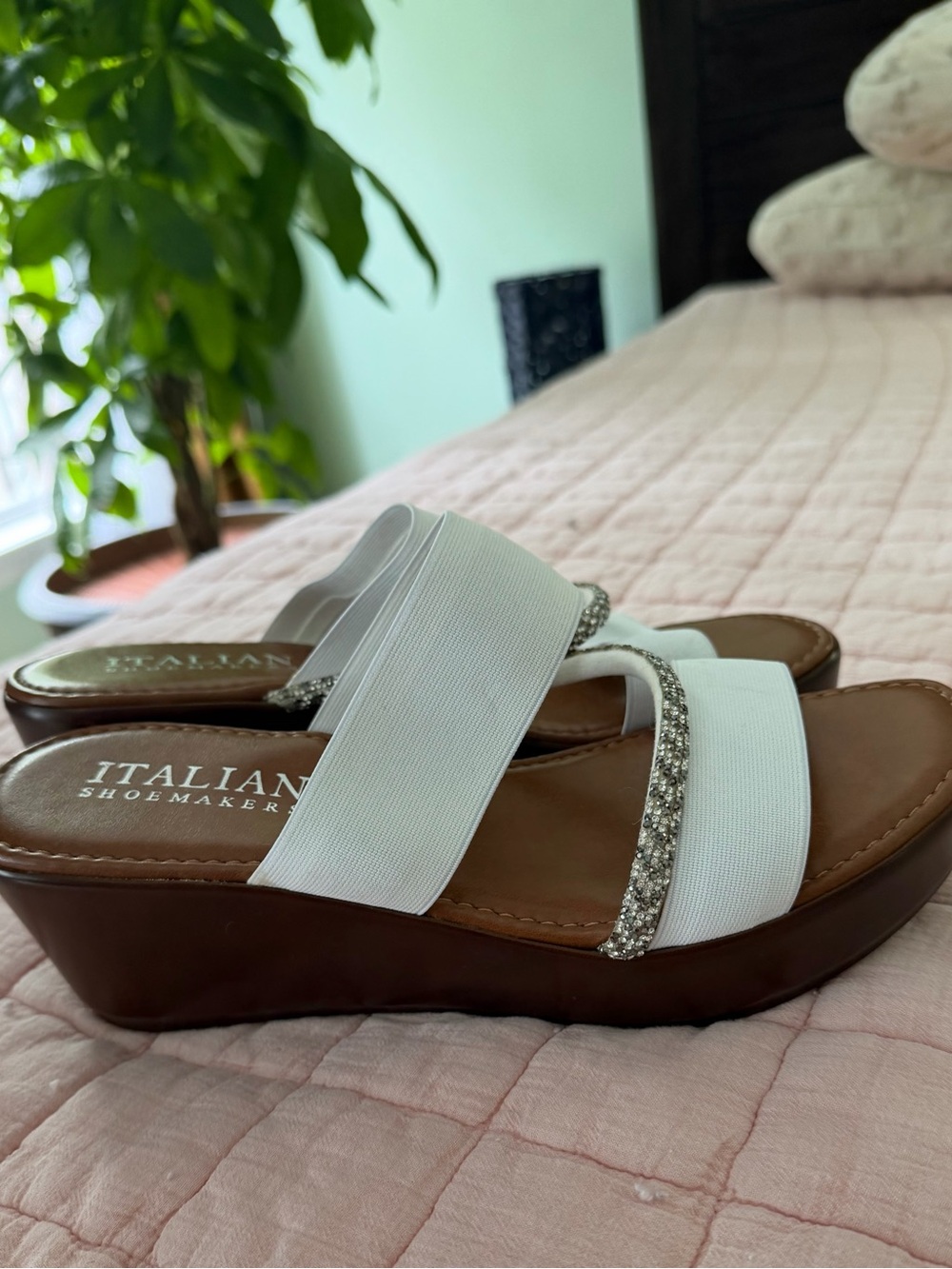 Italian Shoemakers White Wedge Sandals with Rhinestone Strap